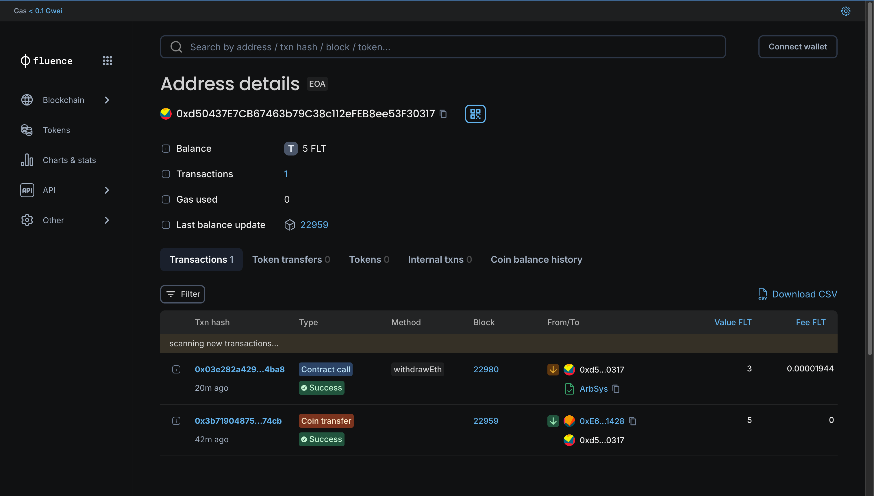 The view of the block scanner with the withdrawal transaction