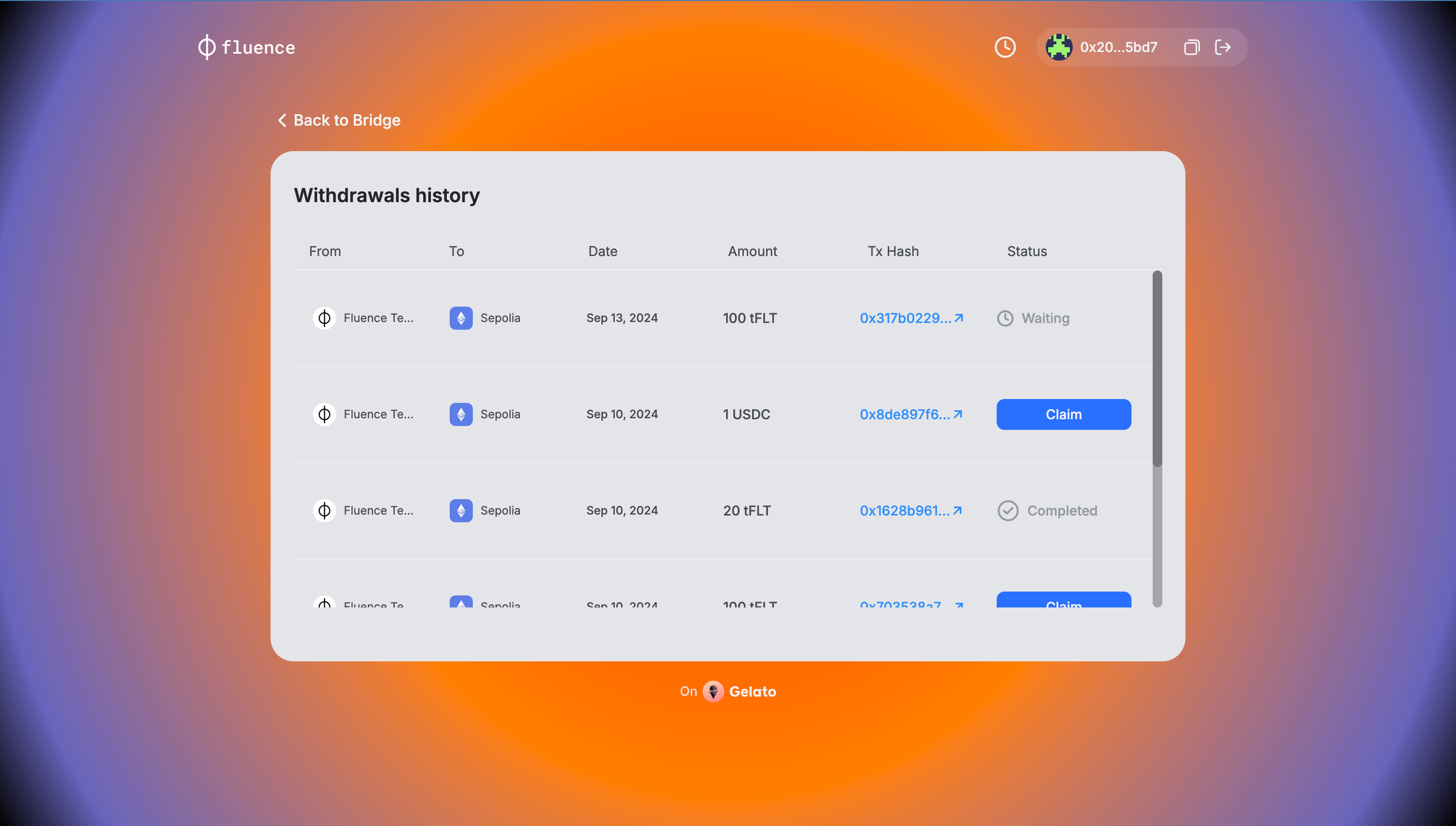 The view of the application window with the withdrawals history